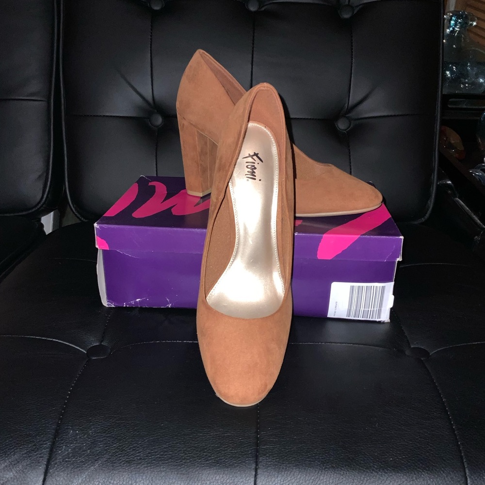 Cognac Suede Block Heel Pumps. Worn once. Original box.